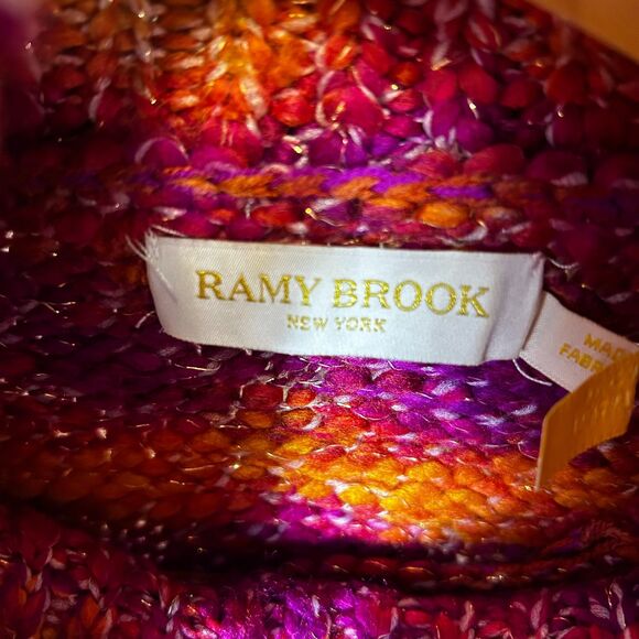 Ramy Brook NY Pink Orange Metallic Striped Chunky LS Turtleneck Sweater Size S - Picture 4 of 12
